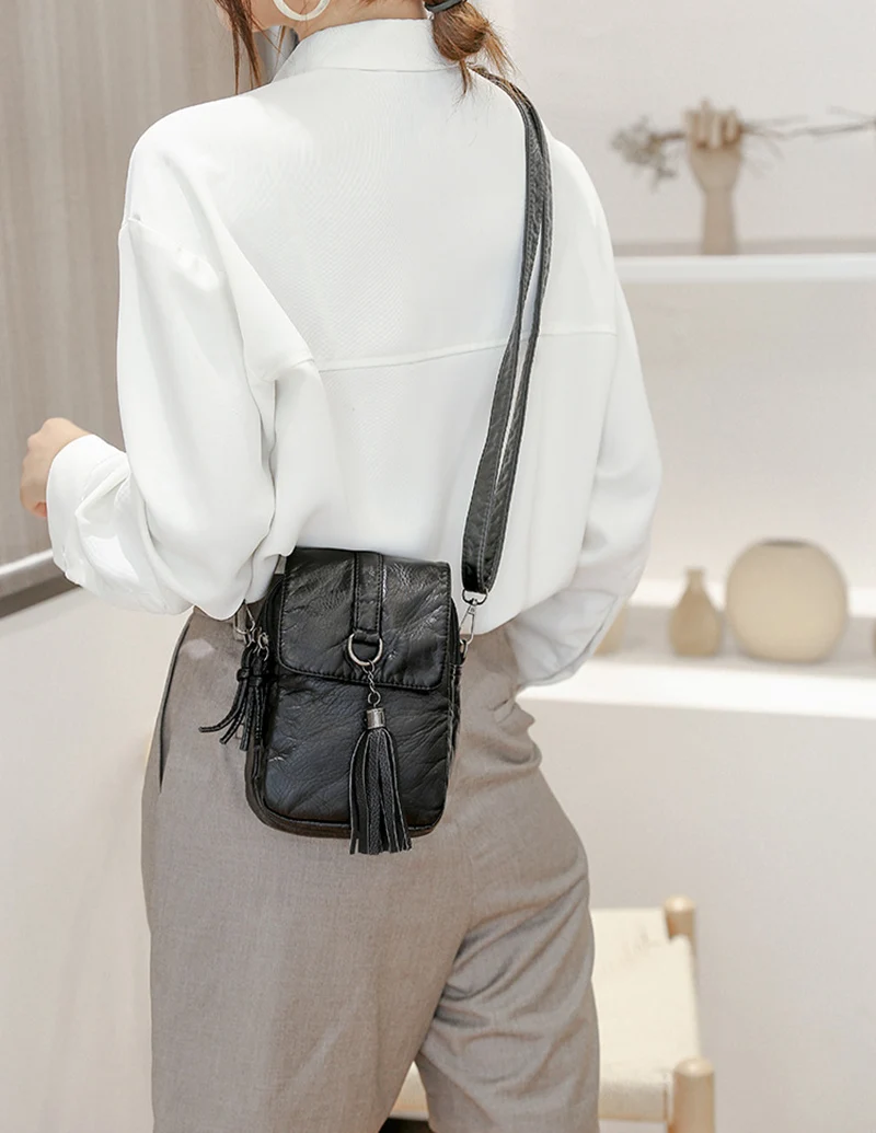 Soft Leather Crossbody Bags for Women High Quality Solid Color Tassel Shoulder Bag Retro Cell Phone Purse Handbags