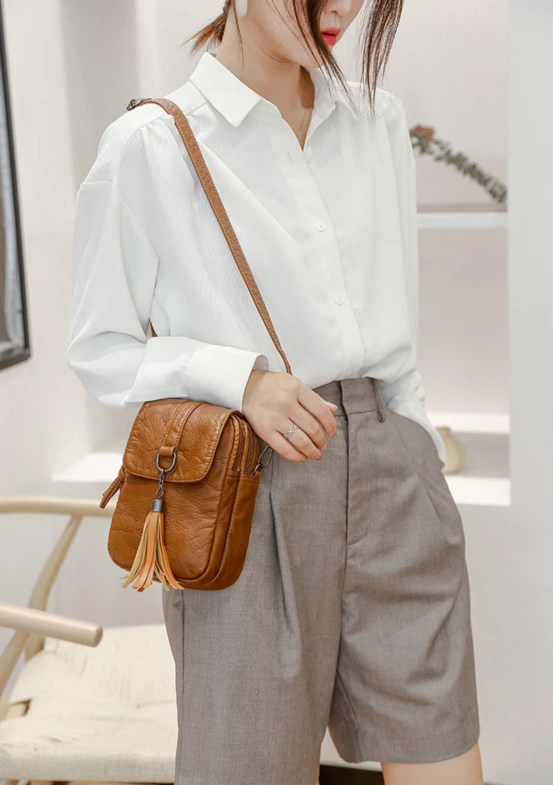 Soft Leather Crossbody Bags for Women High Quality Solid Color Tassel Shoulder Bag Retro Cell Phone Purse Handbags