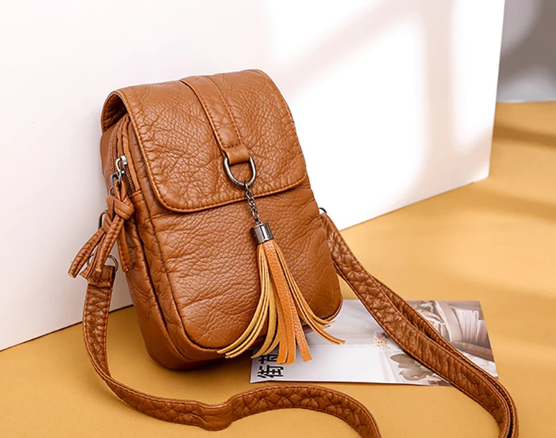 Soft Leather Crossbody Bags for Women High Quality Solid Color Tassel Shoulder Bag Retro Cell Phone Purse Handbags