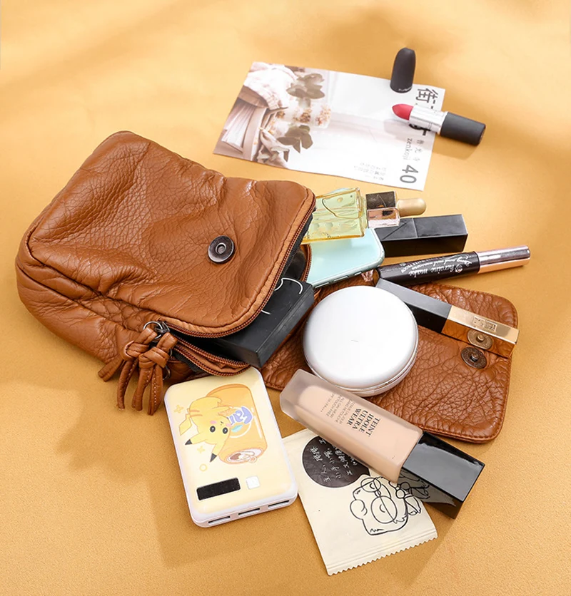 Soft Leather Crossbody Bags for Women High Quality Solid Color Tassel Shoulder Bag Retro Cell Phone Purse Handbags