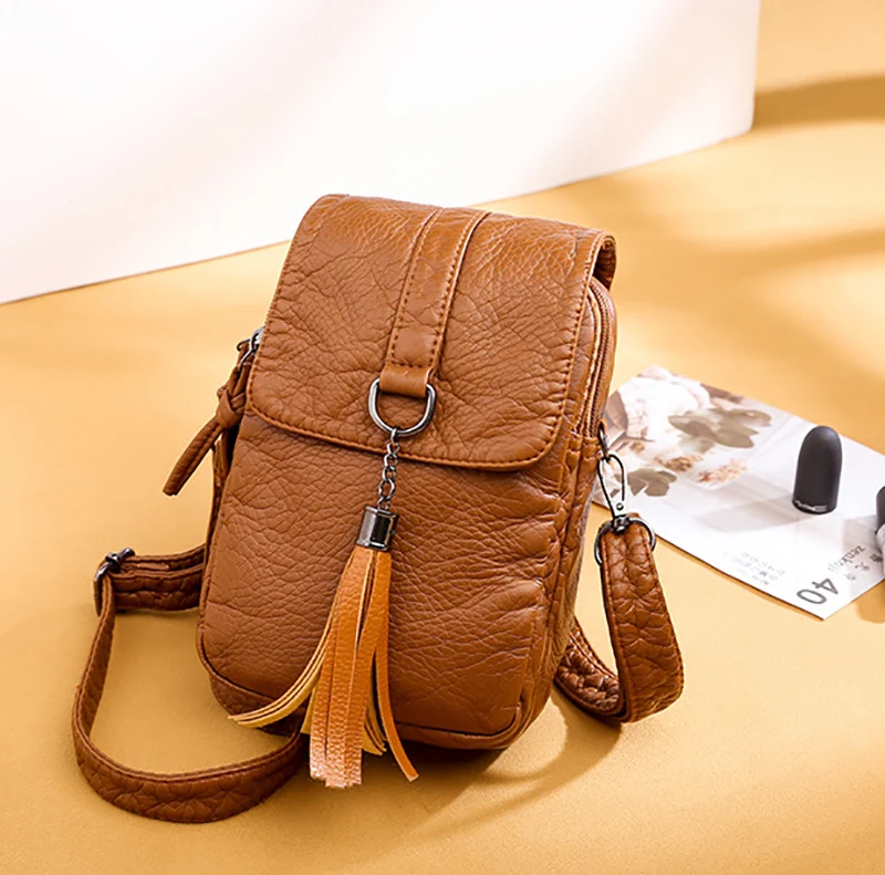 Soft Leather Crossbody Bags for Women High Quality Solid Color Tassel Shoulder Bag Retro Cell Phone Purse Handbags
