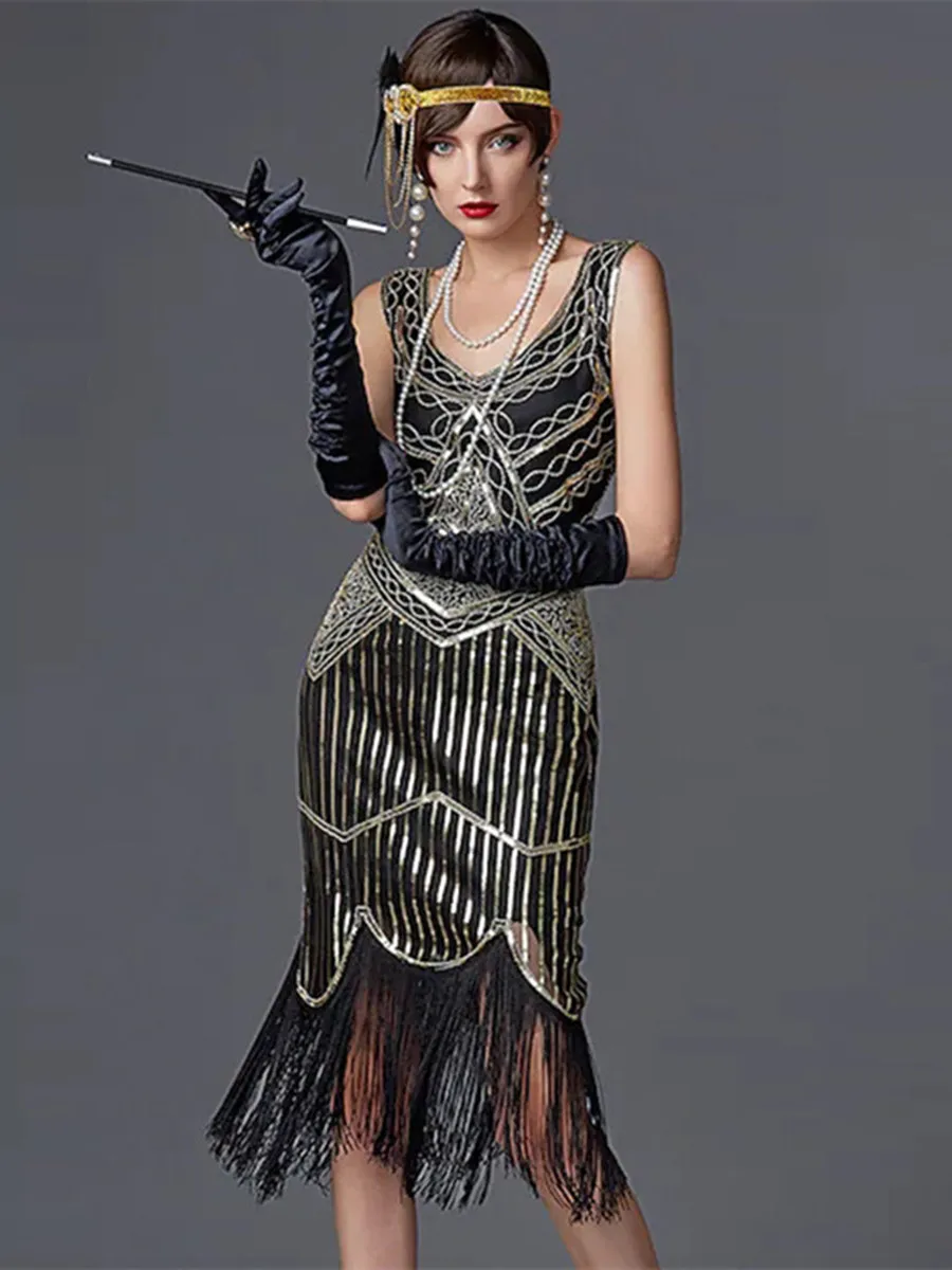 SIDAIMI 1920s Flapper Dress Great Gatsby Dress Round-Neck New Women's Black Sequin Dress Elegant Dress Tassel Party Dress