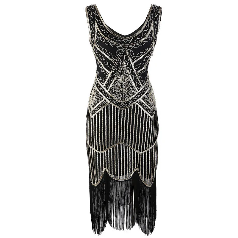 SIDAIMI 1920s Flapper Dress Great Gatsby Dress Round-Neck New Women's Black Sequin Dress Elegant Dress Tassel Party Dress