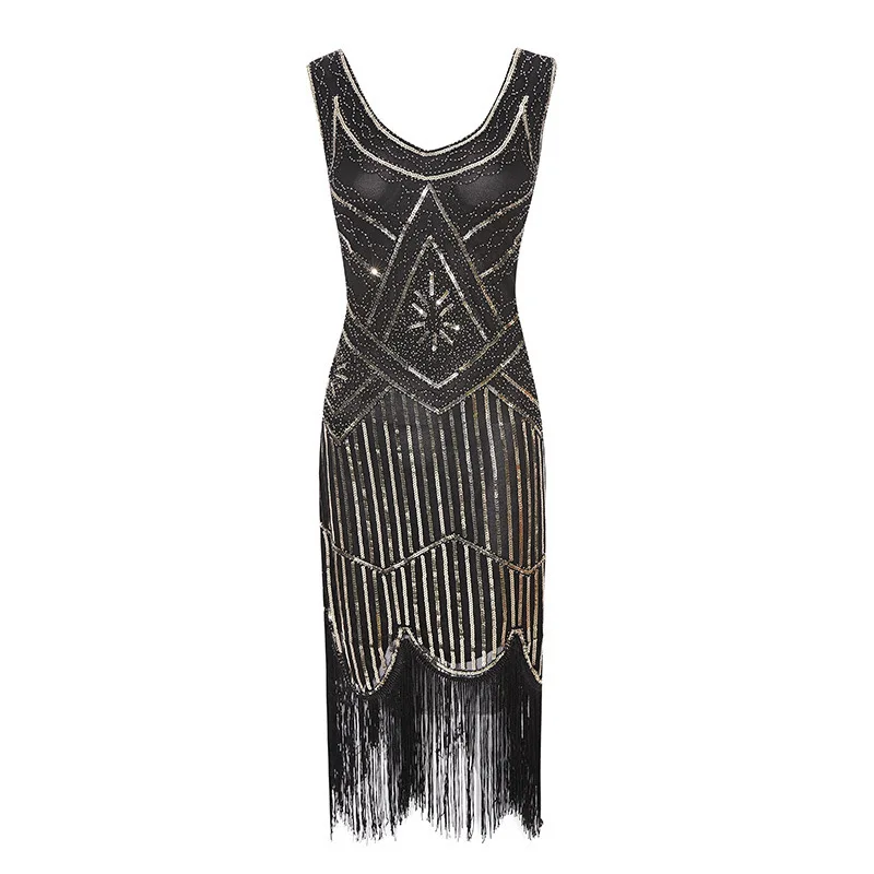 SIDAIMI 1920s Flapper Dress Great Gatsby Dress Round-Neck New Women's Black Sequin Dress Elegant Dress Tassel Party Dress