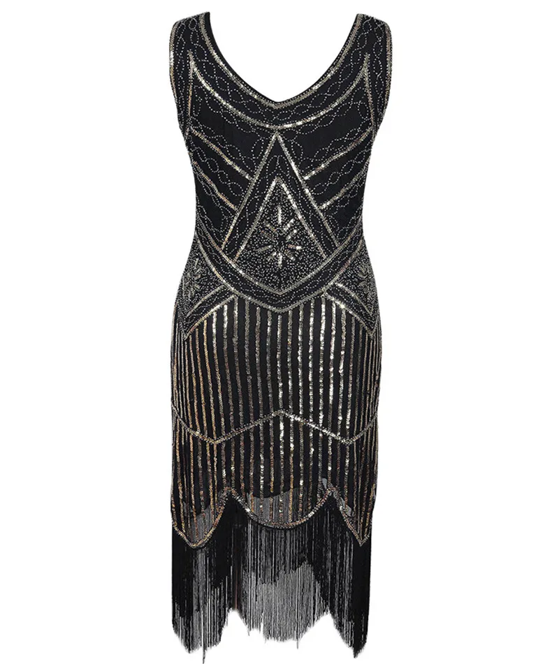 SIDAIMI 1920s Flapper Dress Great Gatsby Dress Round-Neck New Women's Black Sequin Dress Elegant Dress Tassel Party Dress