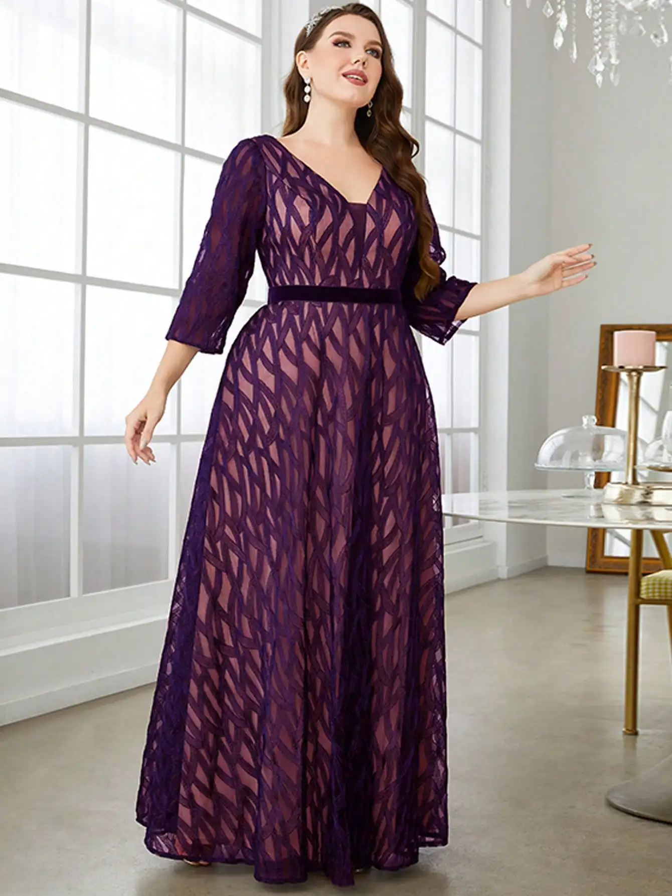 Mgiacy V-neck lace embroidered mid-long sleeve gown ball dress Party dress Bridesmaid dress