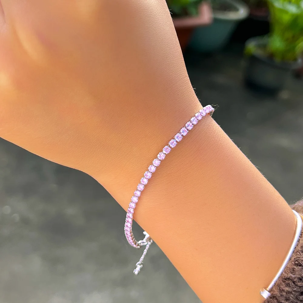 QooLady 925 Sterling Silver Round Pink CZ Tennis Link Bracelet for Women Classic Adjustable Size Female Wedding Jewelry SB013