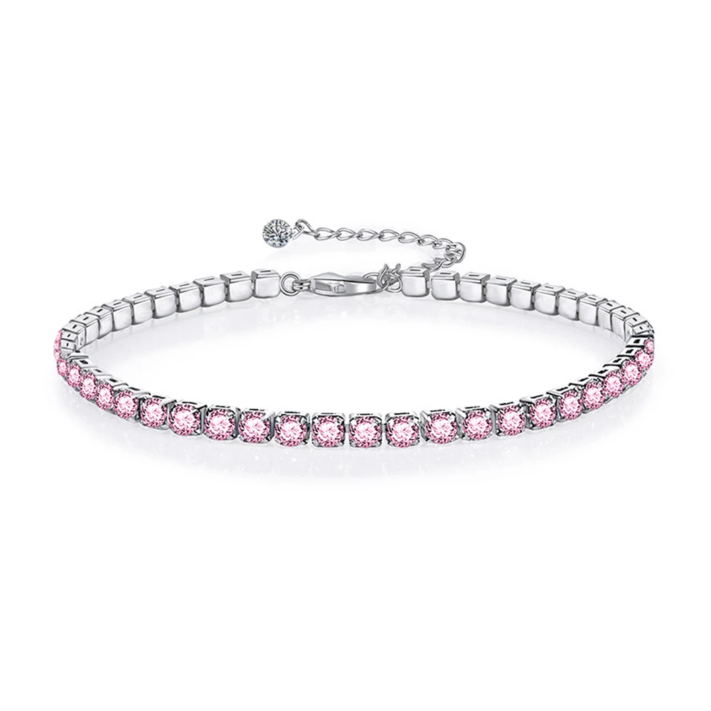 QooLady 925 Sterling Silver Round Pink CZ Tennis Link Bracelet for Women Classic Adjustable Size Female Wedding Jewelry SB013