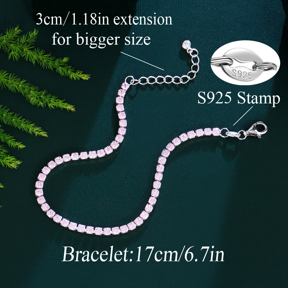 QooLady 925 Sterling Silver Round Pink CZ Tennis Link Bracelet for Women Classic Adjustable Size Female Wedding Jewelry SB013