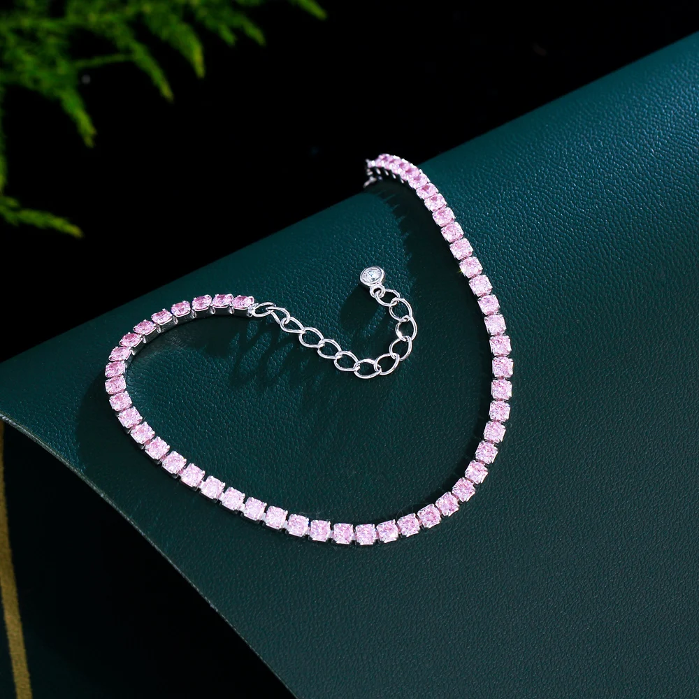 QooLady 925 Sterling Silver Round Pink CZ Tennis Link Bracelet for Women Classic Adjustable Size Female Wedding Jewelry SB013