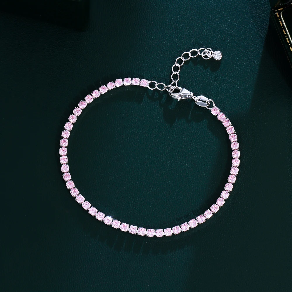 QooLady 925 Sterling Silver Round Pink CZ Tennis Link Bracelet for Women Classic Adjustable Size Female Wedding Jewelry SB013