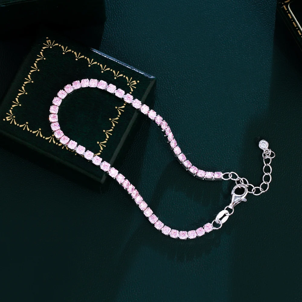 QooLady 925 Sterling Silver Round Pink CZ Tennis Link Bracelet for Women Classic Adjustable Size Female Wedding Jewelry SB013