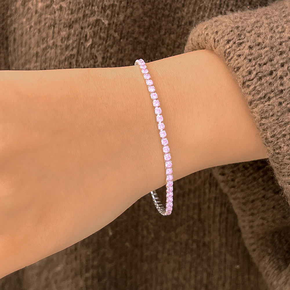 QooLady 925 Sterling Silver Round Pink CZ Tennis Link Bracelet for Women Classic Adjustable Size Female Wedding Jewelry SB013
