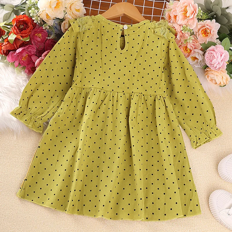 New Spring Autumn Girl's Net Gauze Lace Splicing Long-Sleeved Dress Polka Dot Cute Skirt Casual Kids Children Loose Comfortable