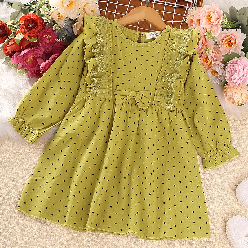New Spring Autumn Girl's Net Gauze Lace Splicing Long-Sleeved Dress Polka Dot Cute Skirt Casual Kids Children Loose Comfortable