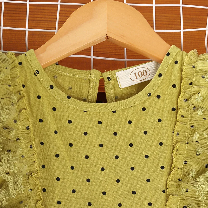 New Spring Autumn Girl's Net Gauze Lace Splicing Long-Sleeved Dress Polka Dot Cute Skirt Casual Kids Children Loose Comfortable
