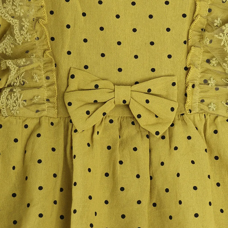 New Spring Autumn Girl's Net Gauze Lace Splicing Long-Sleeved Dress Polka Dot Cute Skirt Casual Kids Children Loose Comfortable