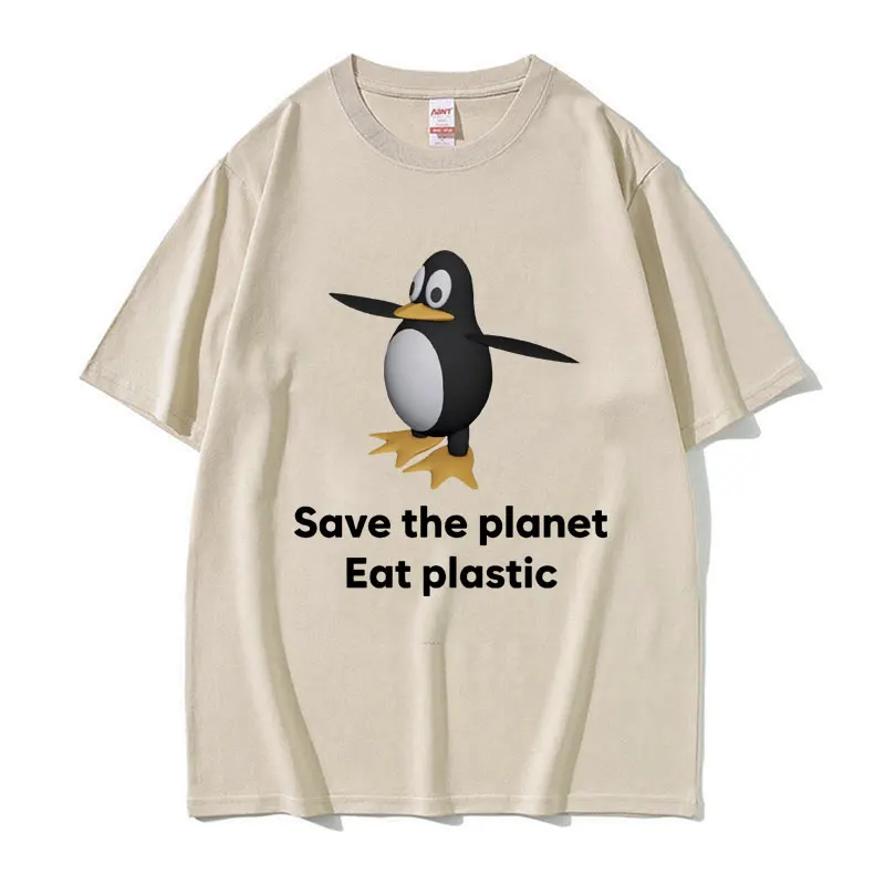 Save The Earth Eat Plastic Funny Meme T-Shirt Cute Penguin Graphics Men's T Shirt Fashion Casual Oversized Short Sleeve T-shirts