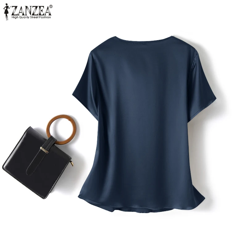 ZANZEA Summer Fashion Satin Blouse Women Short Sleeve Solid Shirt Female Casual OL Work Tunic Tops Elegant Loose Blsuas Oversize