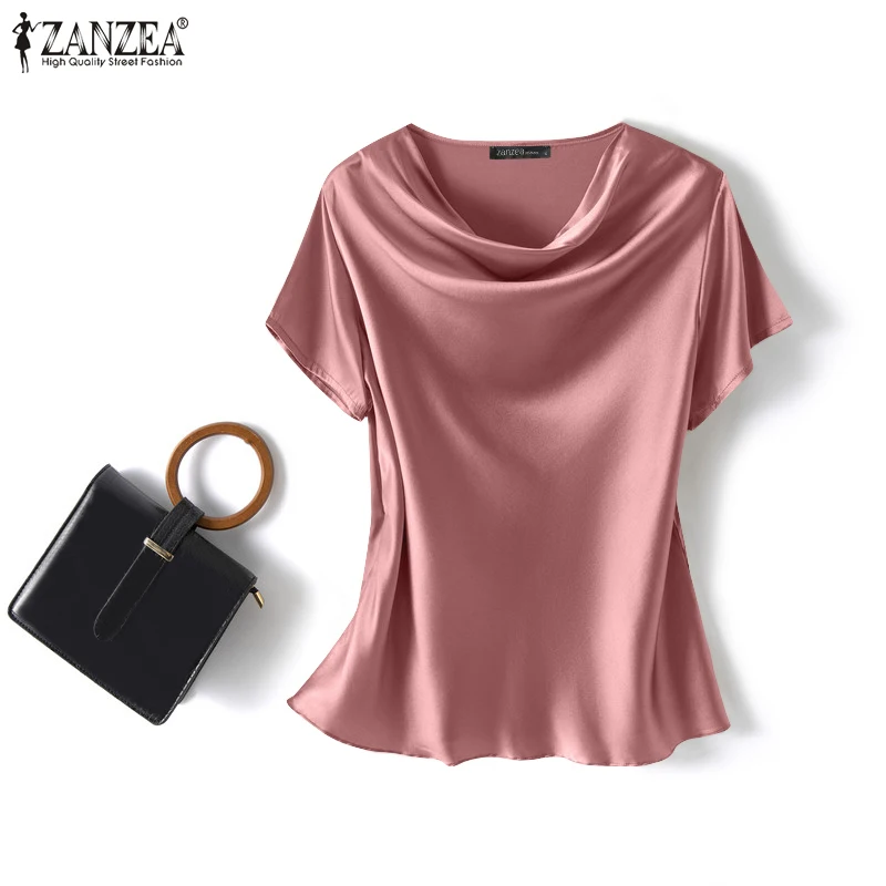 ZANZEA Summer Fashion Satin Blouse Women Short Sleeve Solid Shirt Female Casual OL Work Tunic Tops Elegant Loose Blsuas Oversize
