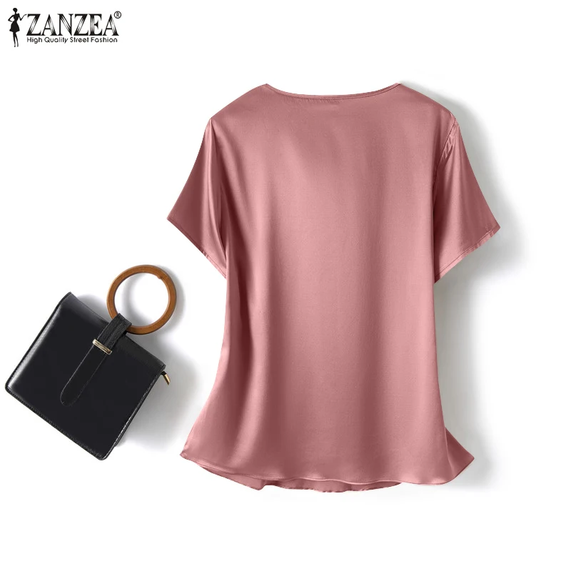 ZANZEA Summer Fashion Satin Blouse Women Short Sleeve Solid Shirt Female Casual OL Work Tunic Tops Elegant Loose Blsuas Oversize