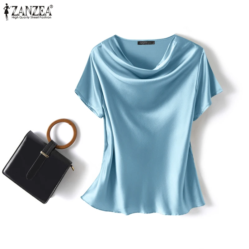 ZANZEA Summer Fashion Satin Blouse Women Short Sleeve Solid Shirt Female Casual OL Work Tunic Tops Elegant Loose Blsuas Oversize