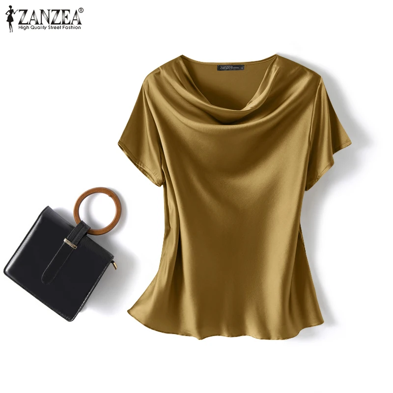 ZANZEA Summer Fashion Satin Blouse Women Short Sleeve Solid Shirt Female Casual OL Work Tunic Tops Elegant Loose Blsuas Oversize