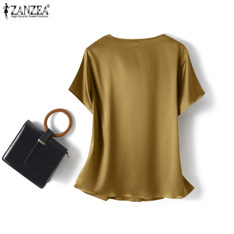 ZANZEA Summer Fashion Satin Blouse Women Short Sleeve Solid Shirt Female Casual OL Work Tunic Tops Elegant Loose Blsuas Oversize