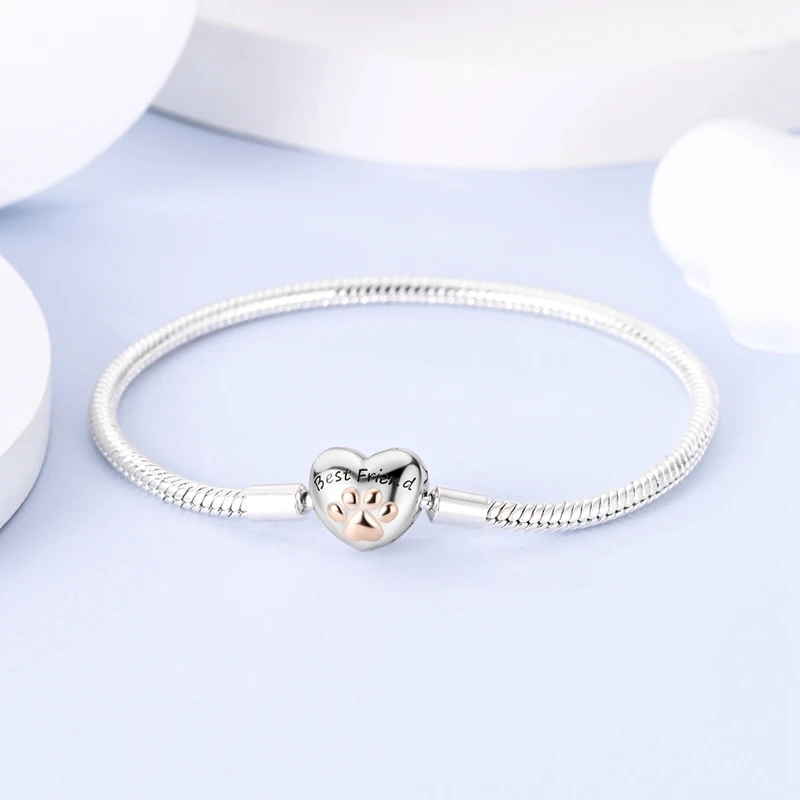 2024 Hot Selling New Original 925 Sterling Silver Snake Chain Heart Cat Claw Bracelet for Disk Beads DIY Jewelry Making