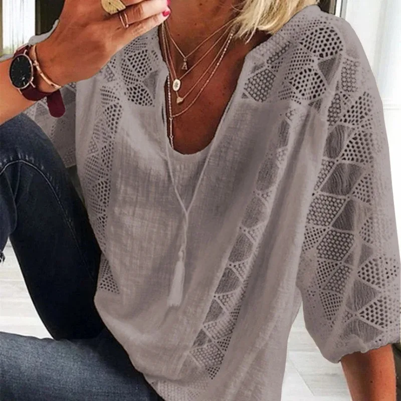 Women's Hollow Out V-Neck Short Sleeve Cotton White Shirt Loose Stitching Lace Blouse Casual Tops Summer Fashion 2025 24294