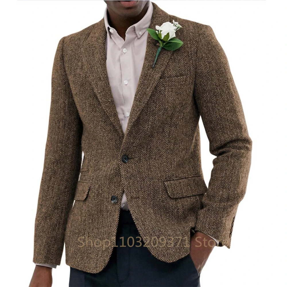 Male Suit Gray Men's Jacket Dark Gray Herringbone Wool Tweed Lapel Collar Single Breasted Formal Bussiness Jacket for Wedding