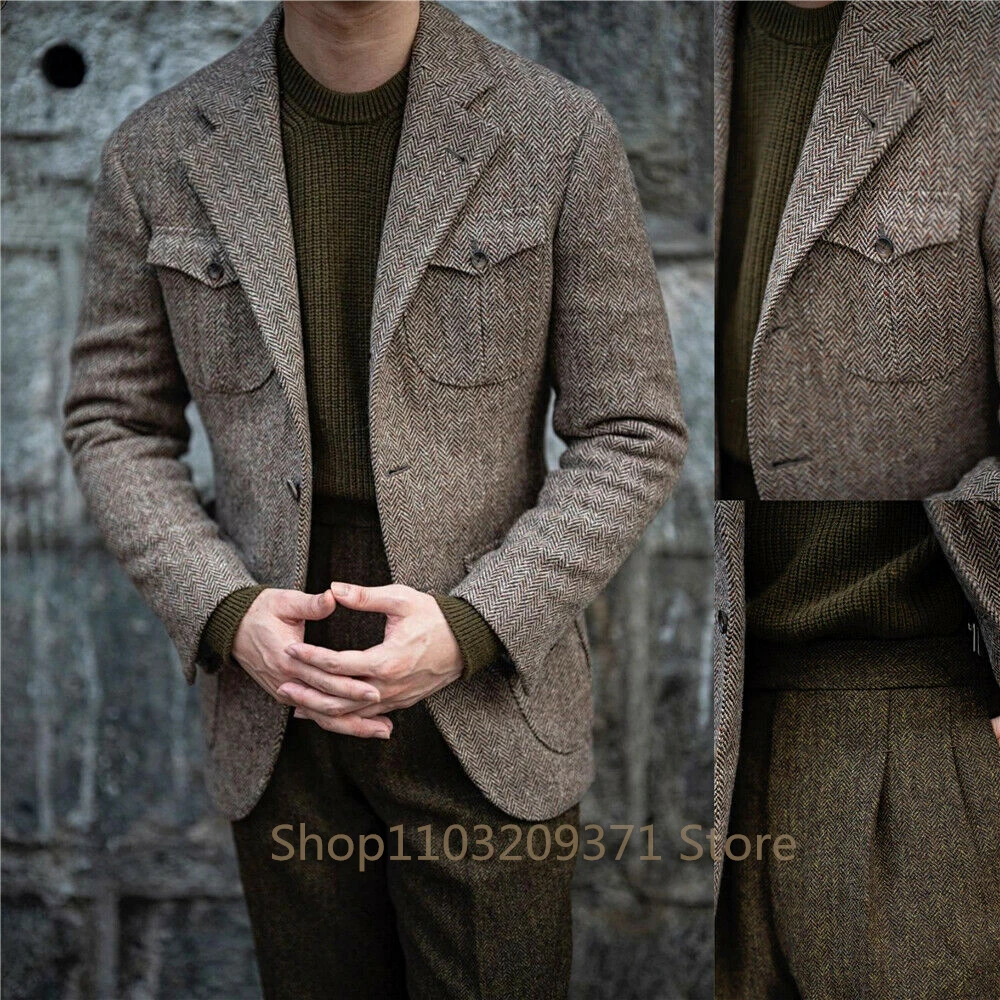 Male Suit Gray Men's Jacket Dark Gray Herringbone Wool Tweed Lapel Collar Single Breasted Formal Bussiness Jacket for Wedding