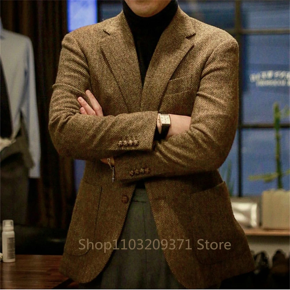 Male Suit Gray Men's Jacket Dark Gray Herringbone Wool Tweed Lapel Collar Single Breasted Formal Bussiness Jacket for Wedding
