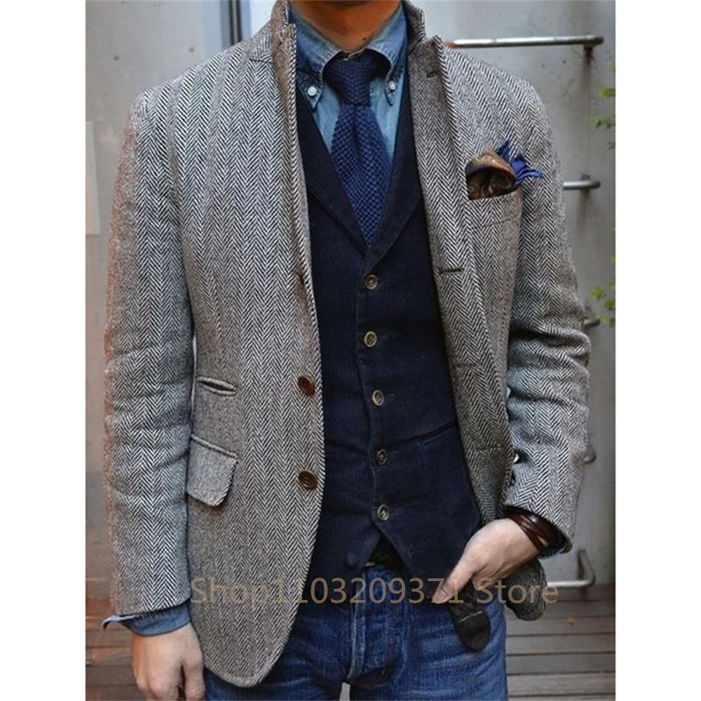Male Suit Gray Men's Jacket Dark Gray Herringbone Wool Tweed Lapel Collar Single Breasted Formal Bussiness Jacket for Wedding