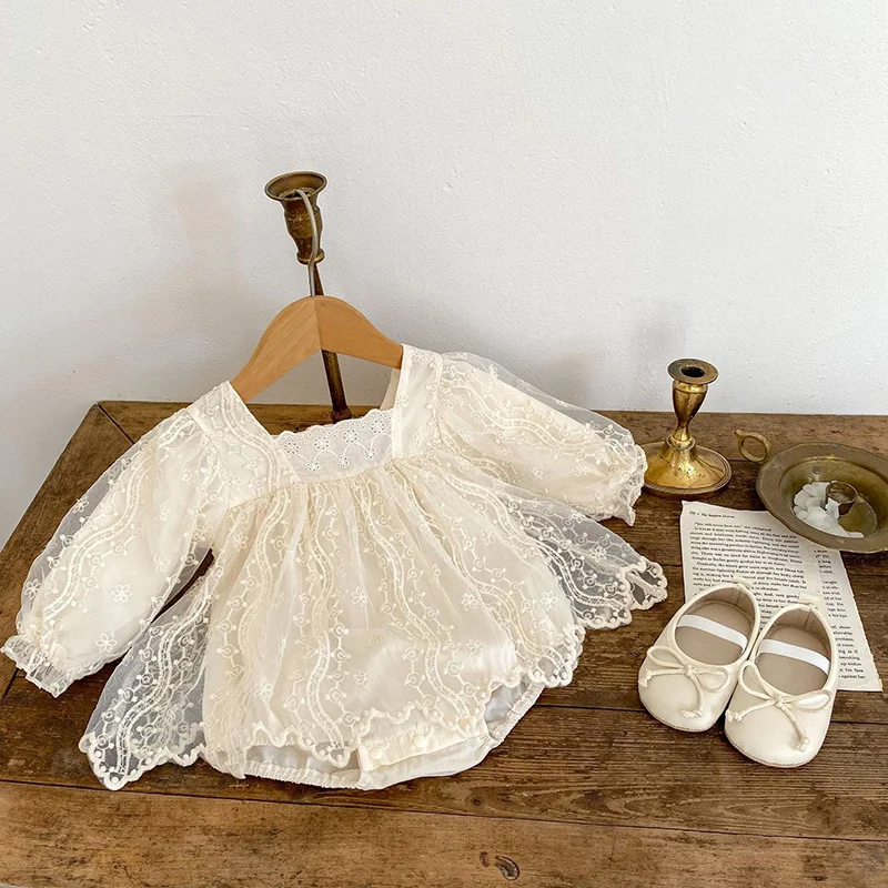 Baby Girls Bodysuit Autumn Princess Lace MeshToddler Romper Dress Solid Cotton Infant Clothing One Piece for 3M-2Y