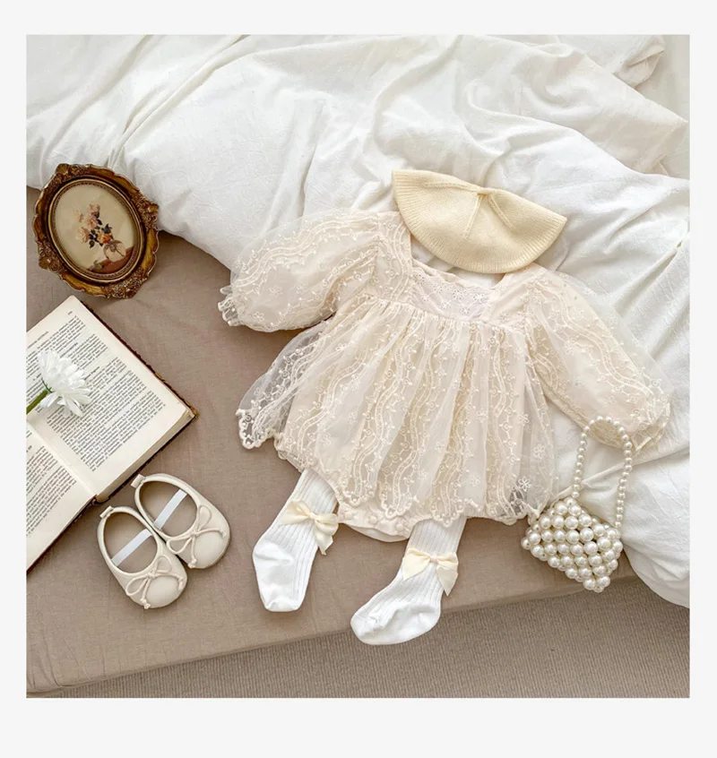 Baby Girls Bodysuit Autumn Princess Lace MeshToddler Romper Dress Solid Cotton Infant Clothing One Piece for 3M-2Y