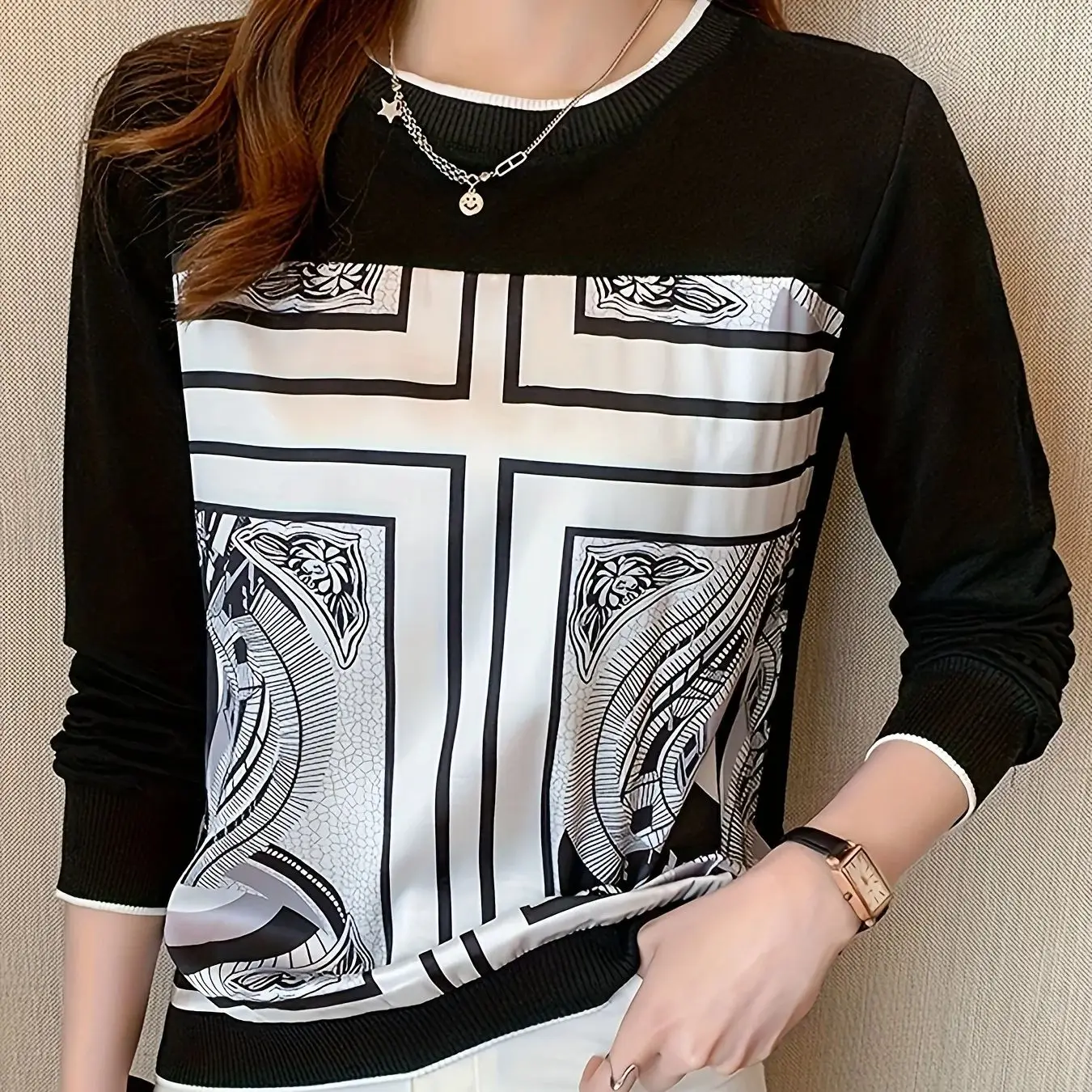 Fashion Patchwork Bottoming Shirts Women's Sweatshirt Casual Tops Printing T Shirt Ladies O-Neck Tee Shirt