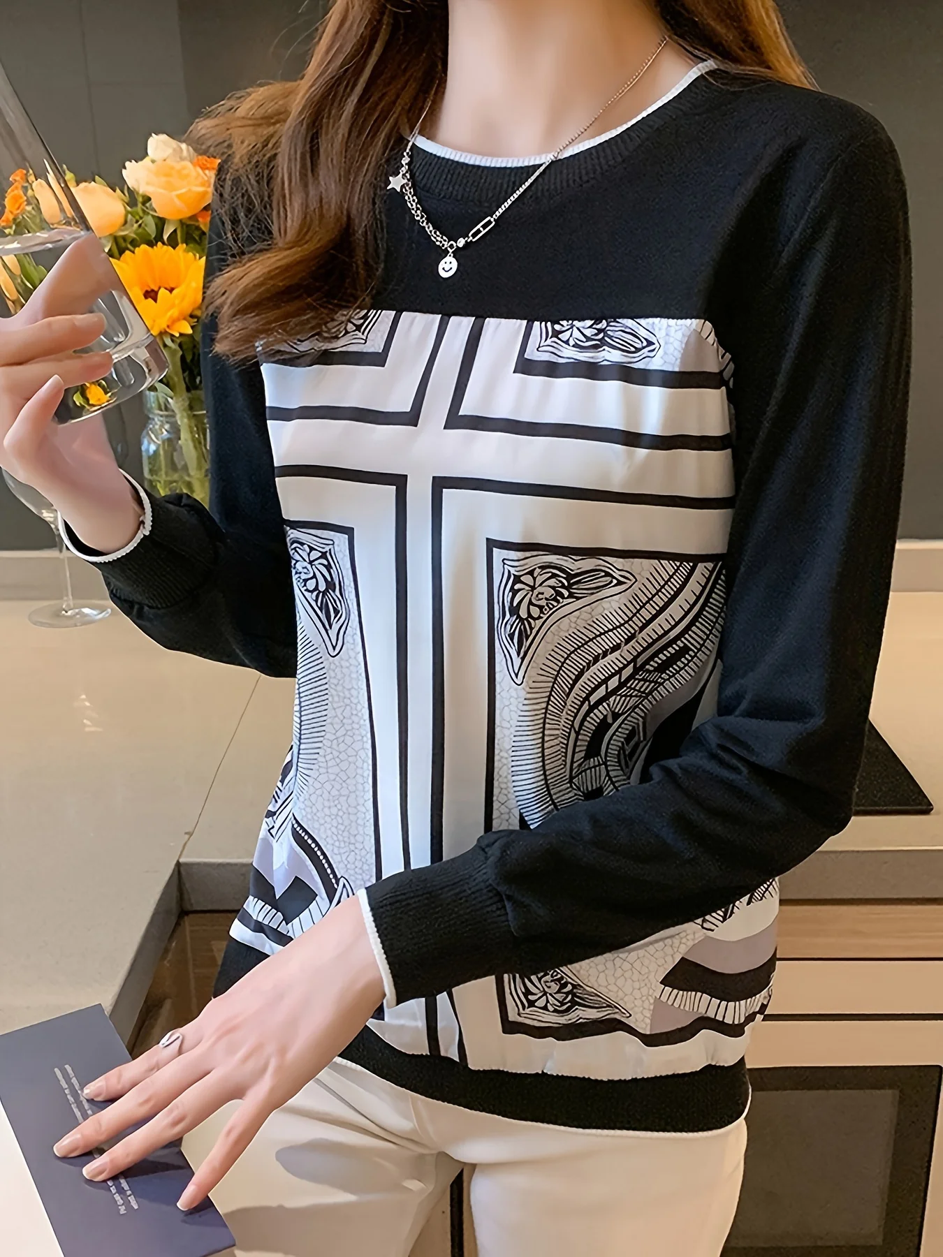 Fashion Patchwork Bottoming Shirts Women's Sweatshirt Casual Tops Printing T Shirt Ladies O-Neck Tee Shirt