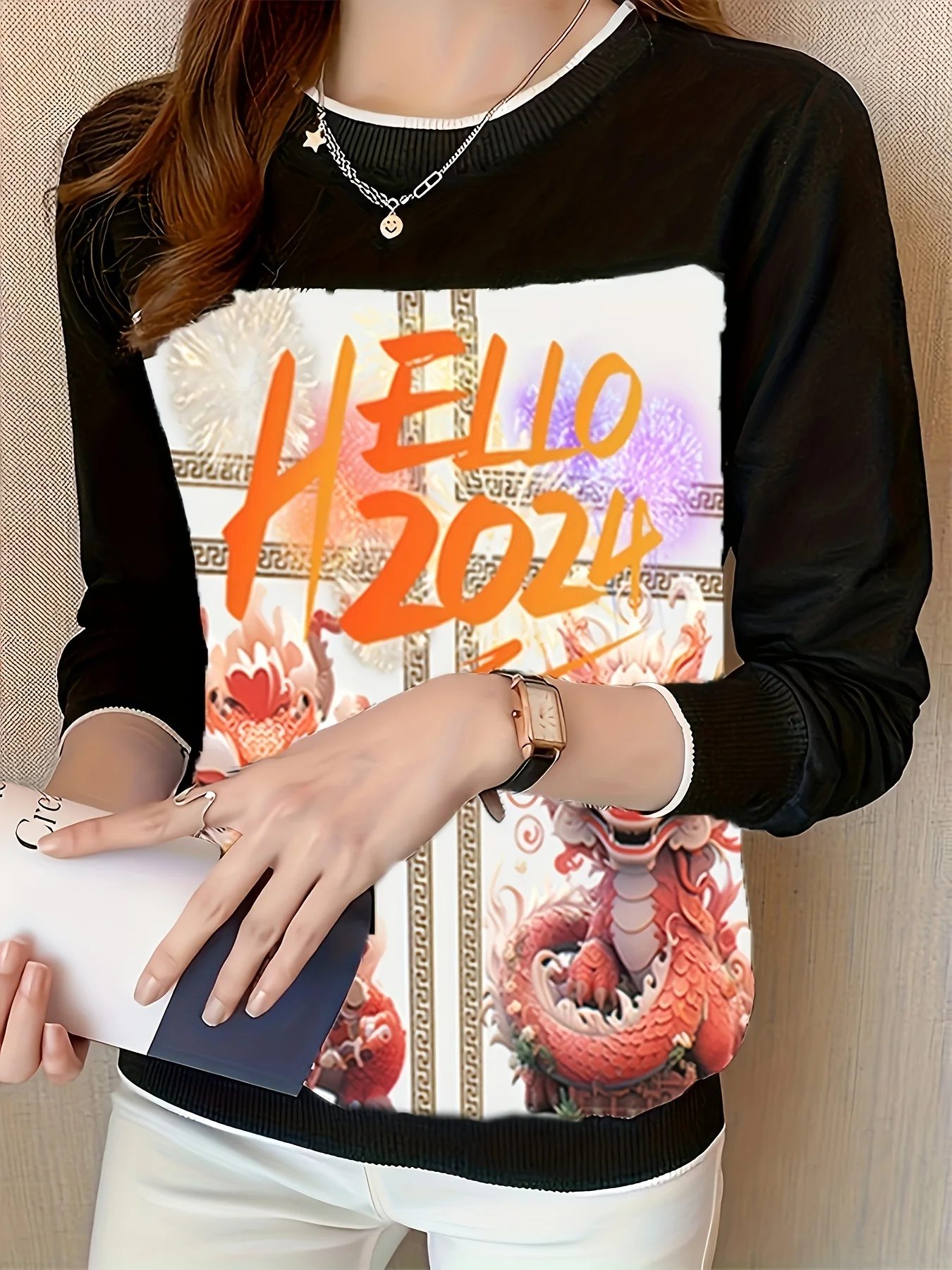 Fashion Patchwork Bottoming Shirts Women's Sweatshirt Casual Tops Printing T Shirt Ladies O-Neck Tee Shirt