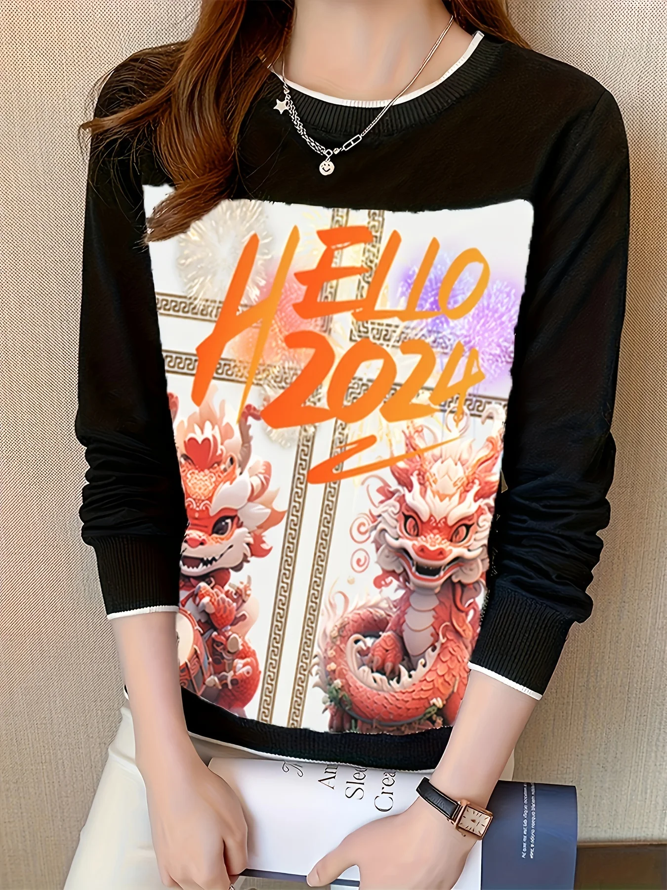 Fashion Patchwork Bottoming Shirts Women's Sweatshirt Casual Tops Printing T Shirt Ladies O-Neck Tee Shirt