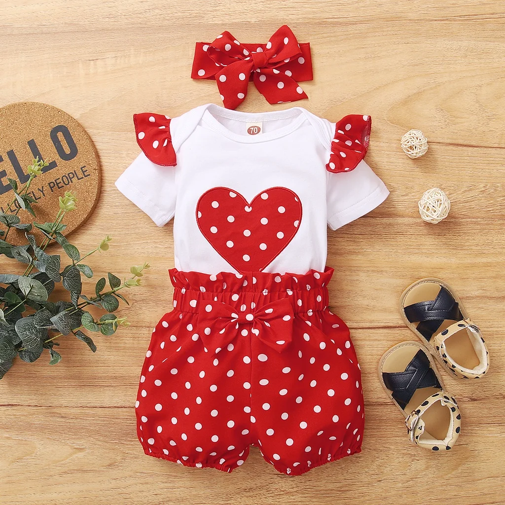 Baby Girl 0-18 Months 3PCS Clothing Set Love Short Sleeve Romper+Polka Dot Shorts+Headband Summer Daily Casual Newborn Baby Girl