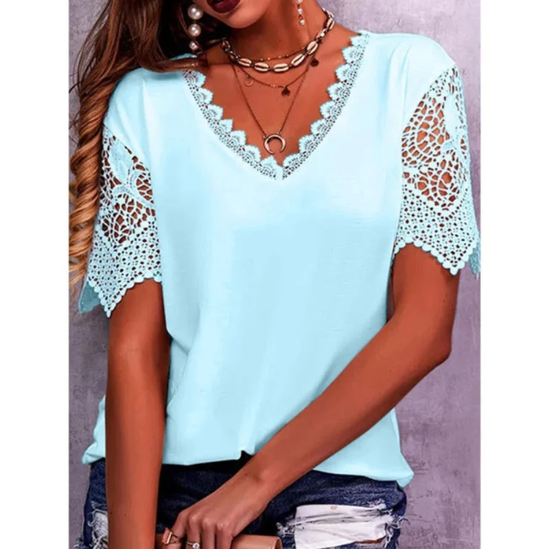 Vintage Fashion Lace Trendy Women T Shirts Casual Elegant Chic Oversized Blouses Tees Solid Color Streetwear Tops Women Clothing