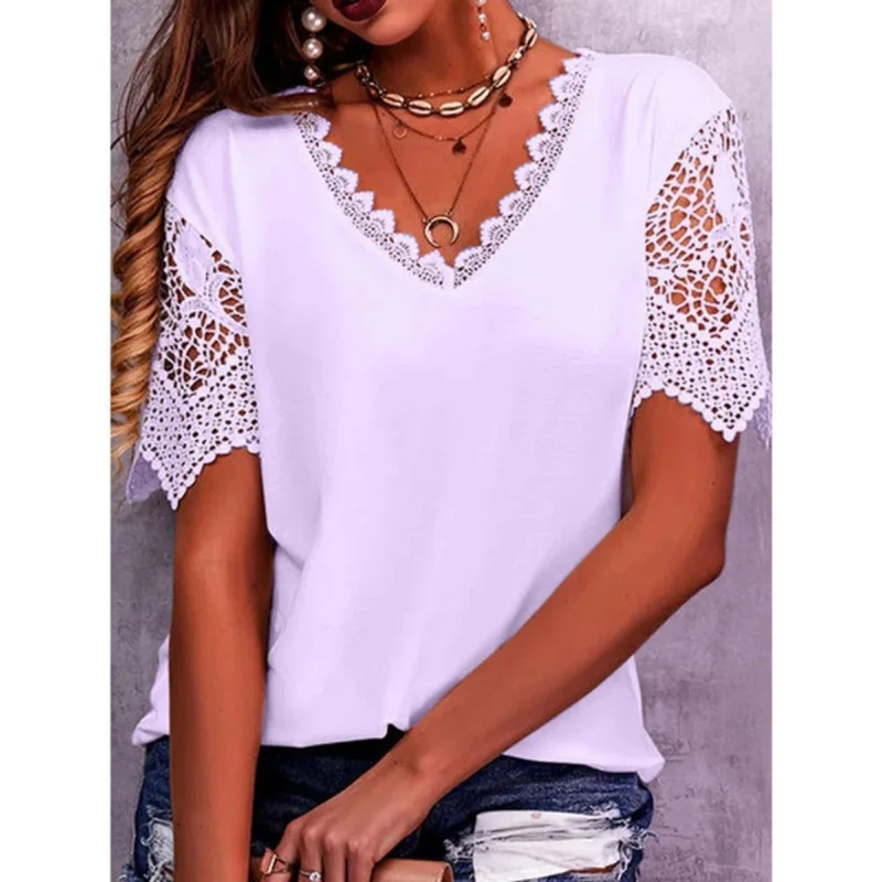 Vintage Fashion Lace Trendy Women T Shirts Casual Elegant Chic Oversized Blouses Tees Solid Color Streetwear Tops Women Clothing