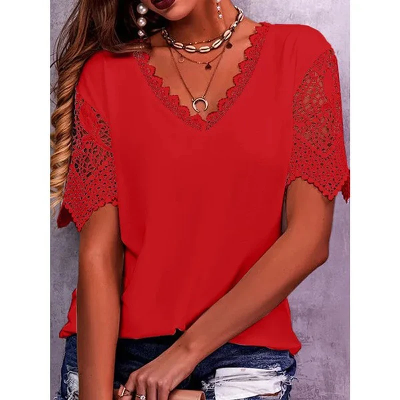 Vintage Fashion Lace Trendy Women T Shirts Casual Elegant Chic Oversized Blouses Tees Solid Color Streetwear Tops Women Clothing