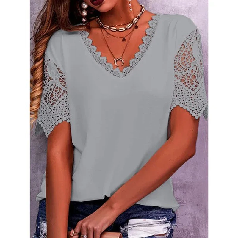 Vintage Fashion Lace Trendy Women T Shirts Casual Elegant Chic Oversized Blouses Tees Solid Color Streetwear Tops Women Clothing