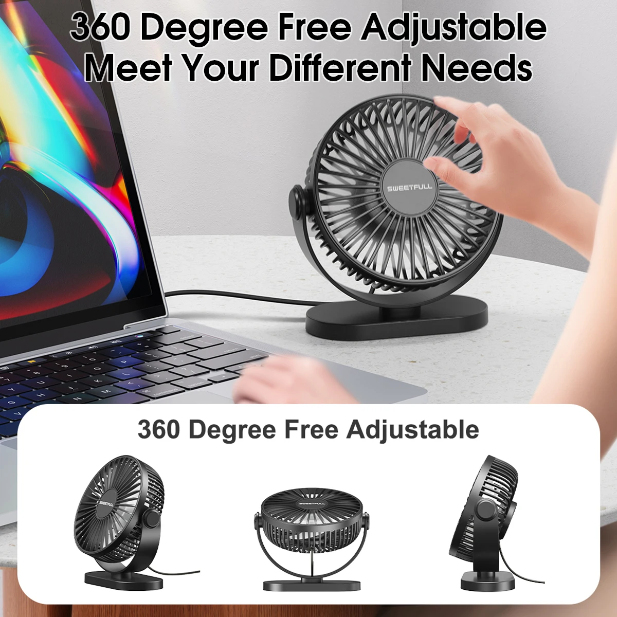 Electric Fan Portable Cooling Laptops Silent USB Fan Three Speed Adjustment for Home Office Desktop Outdoor Camping Mini Fan
