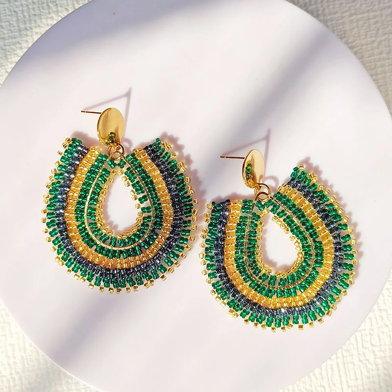 Rice bead earrings Water drop Originality Colour Crystal Design Hand knitting Bohemia Alloy Fashion Simple Beaded earrings