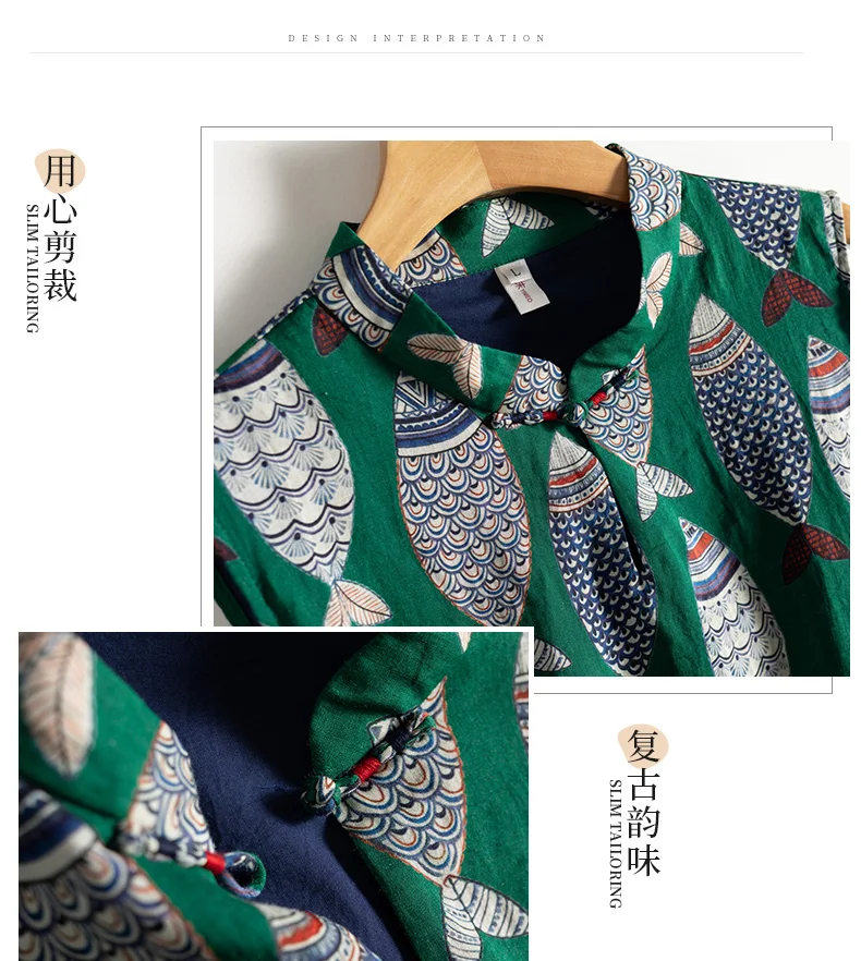 Fish Plaid Print Vintage Cotton Linen O-Neck Sleeveless A-Line Loose Women's Dress Korean Fashion Mid-Calf Dresses For Women