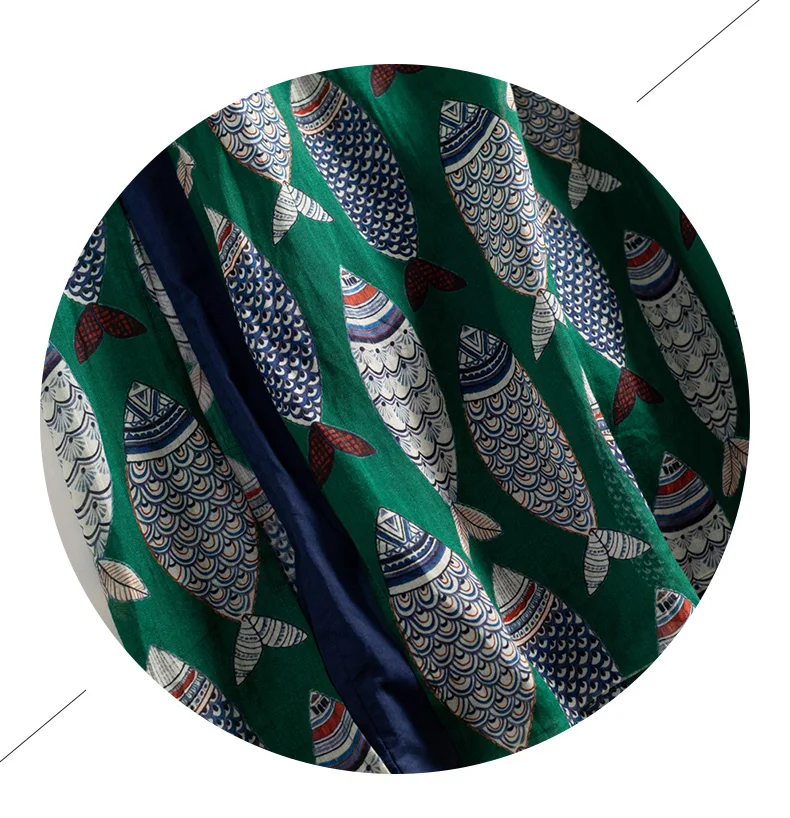 Fish Plaid Print Vintage Cotton Linen O-Neck Sleeveless A-Line Loose Women's Dress Korean Fashion Mid-Calf Dresses For Women