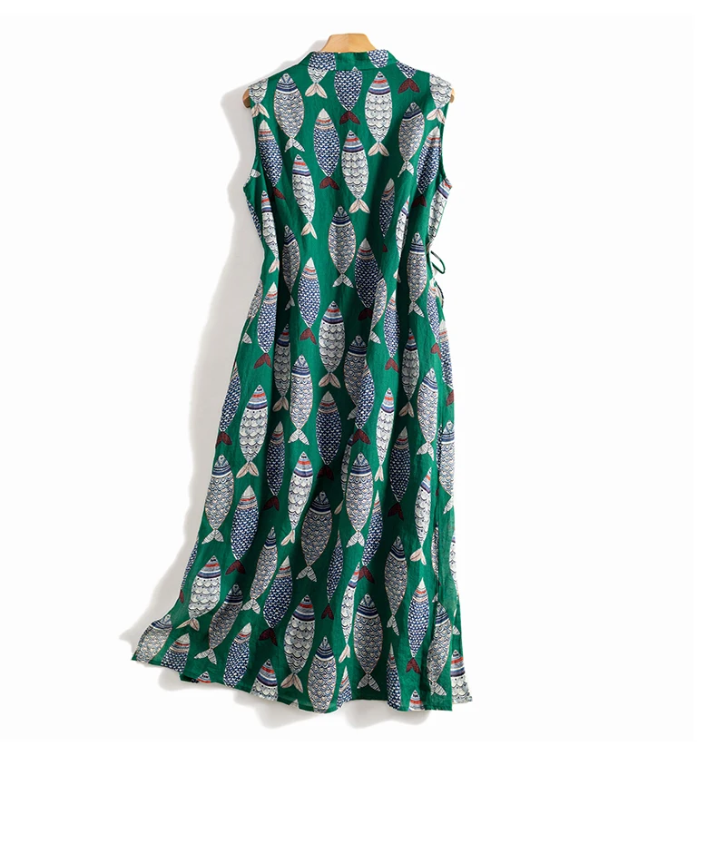 Fish Plaid Print Vintage Cotton Linen O-Neck Sleeveless A-Line Loose Women's Dress Korean Fashion Mid-Calf Dresses For Women